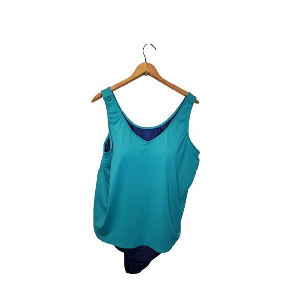 NWT Lands End Womens Island Emerald Navy Fauxkini One Piece Swim Suit Size 2X